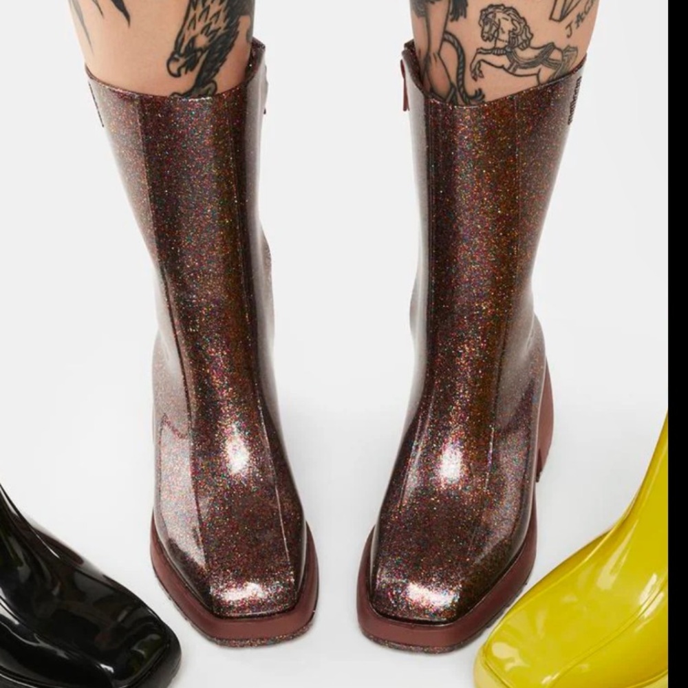Melissa Nancy Boots Pink Glitter Chunky Rubber Rain Boots Y2K Rave Punk - Size 9 - Picture 4 of 13